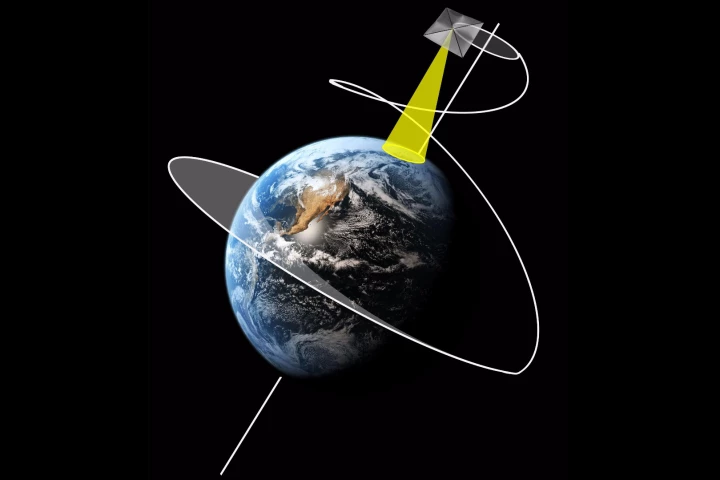 ESA's vision of how a large solar sail-equipped satellite could partly offset Earth’s and the Sun’s gravity with the slight but steady pressure of sunlight to hover above the Arctic or Antarctic