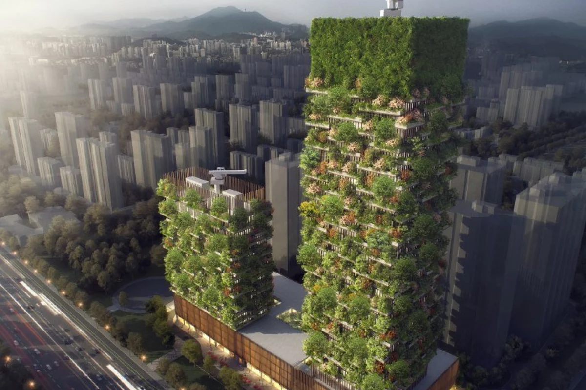 The Nanjing Vertical Forest project consists of a pair of towers atop a shared podium