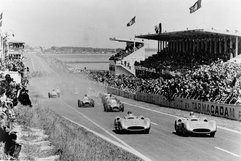 The flag drops at Reims in the 1954 French Grand Prix and the silver Arrows are immediately in the lead.