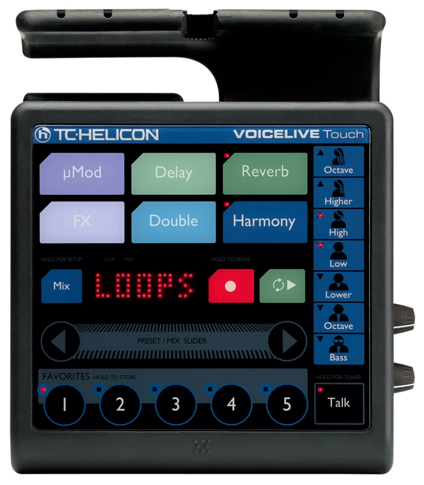 VoiceLive Touch includes an integrated microphone mount which allows the unit to slide onto the stand and lock in position in seconds