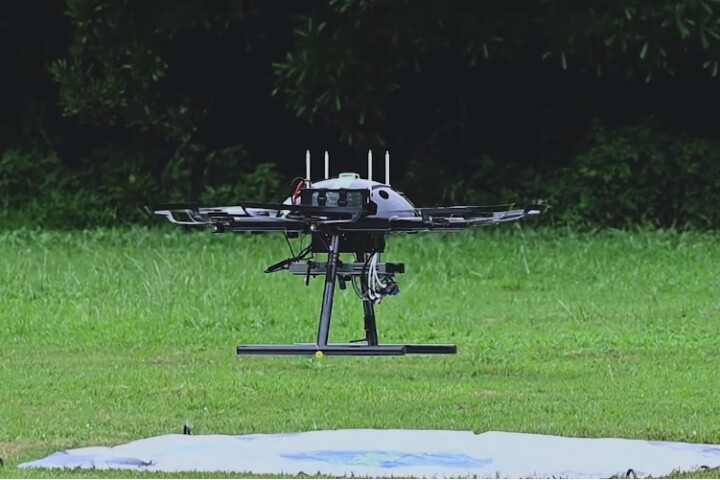 A millimeter-wave-radar-equipped drone takes off for a test of the Millisign system