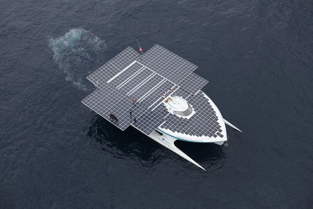 The TURANOR PlanetSolar, as it enters Monaco's Hercule Harbor