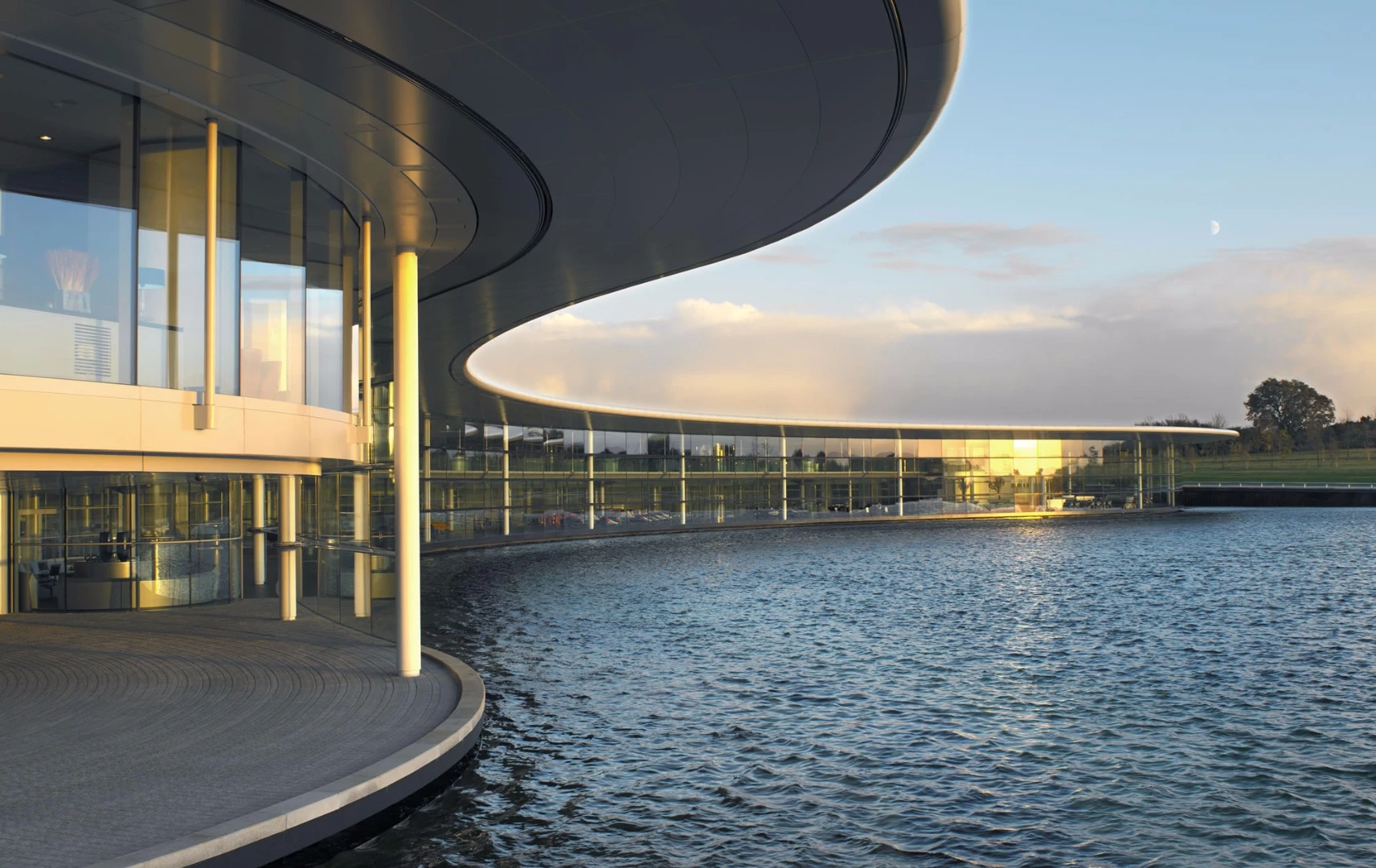 The McLaren Technology Center sits on a man-made lake