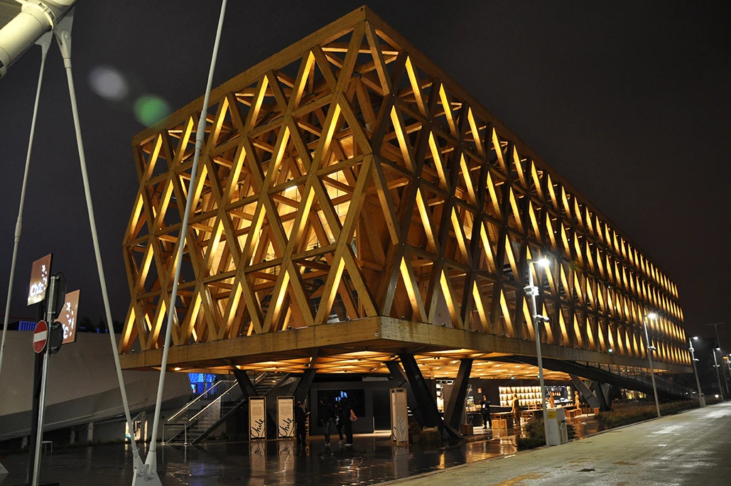 Chile's Pavilion features an impressive wooden facade