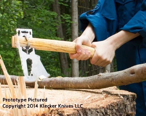 In addition to the axe blade, cut into the surface of the head is a bottle opener, scraper, five wrench sizes, a hex bit driver, a lanyard hole and a carabiner