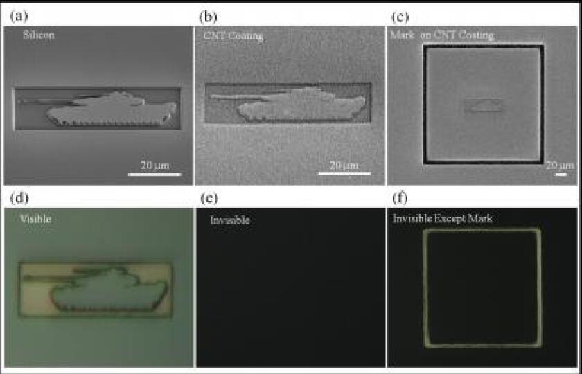 Scanning electron microscope images show a tank etched out of silicon, with and without a carbon nanotube coating (top row) - when the same structures are viewed under white light with an optical microscope (bottom row), the nanotube coating camouflages the tank structure against a black background (Image: University of Michigan)