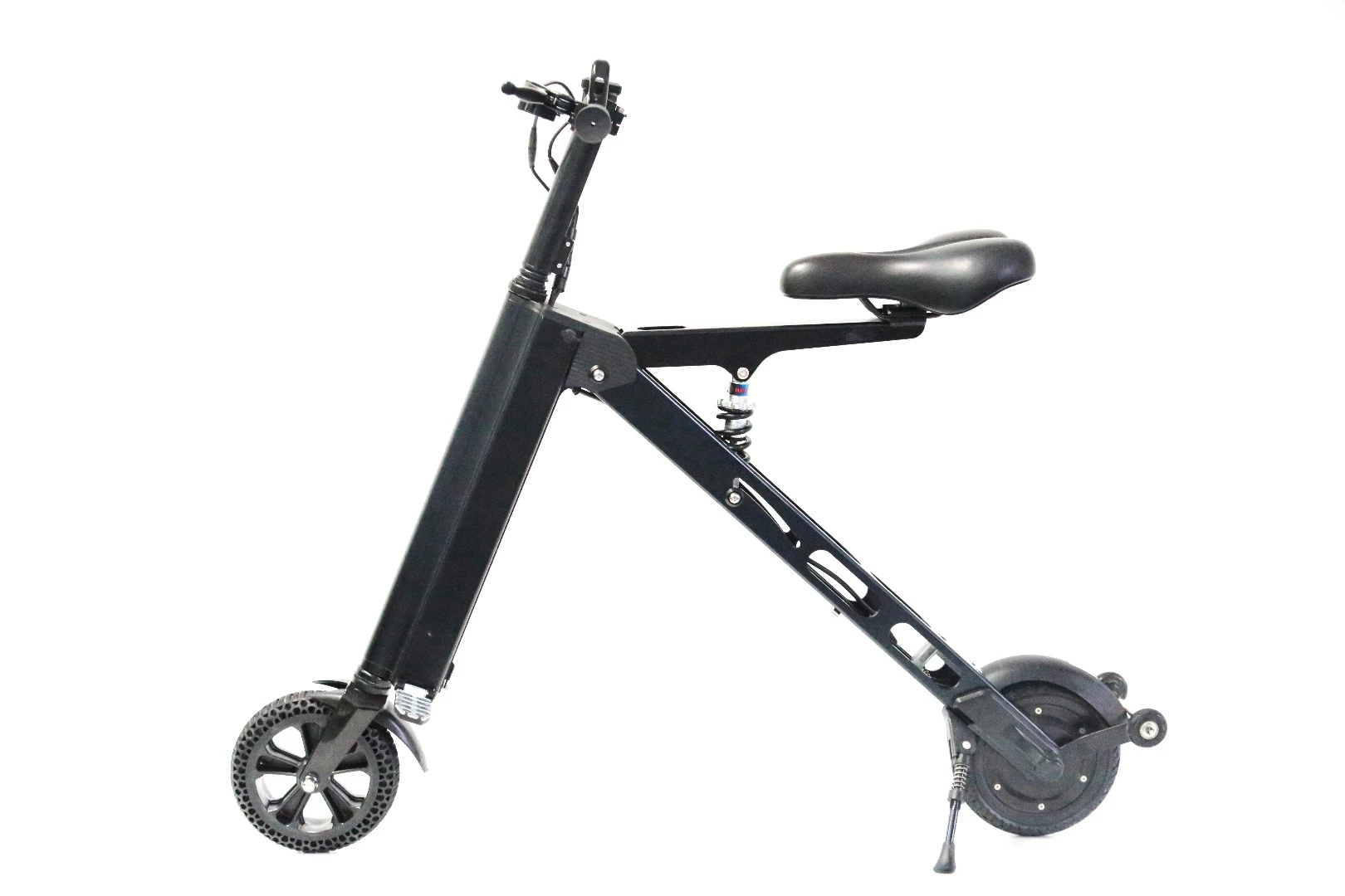 The eScooter has a built-in seat with shock absorber, a trip computer that's also used to control speed, and a side kickstand for park-it-when-unfolded convenience