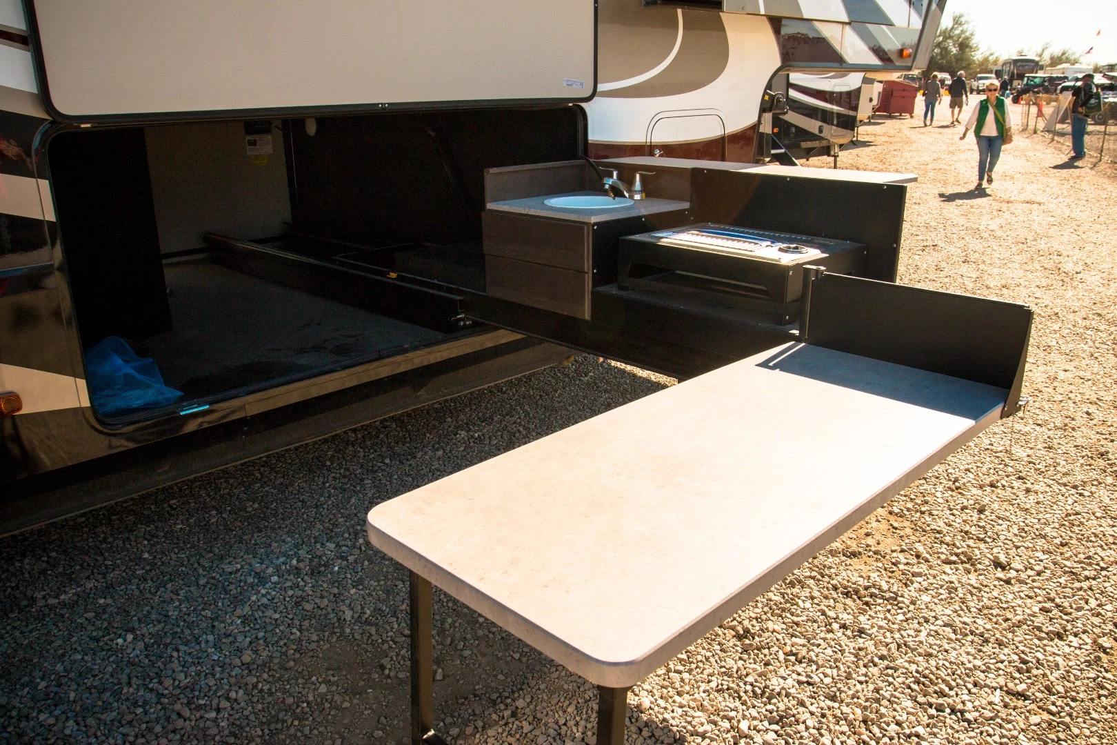 The 2018 Solitude Fifth Wheel features an outdoor kitchen