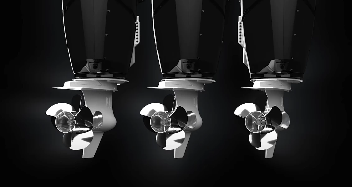 The twin-prop gear cases steer left or right while the rest of the engine remains stationary