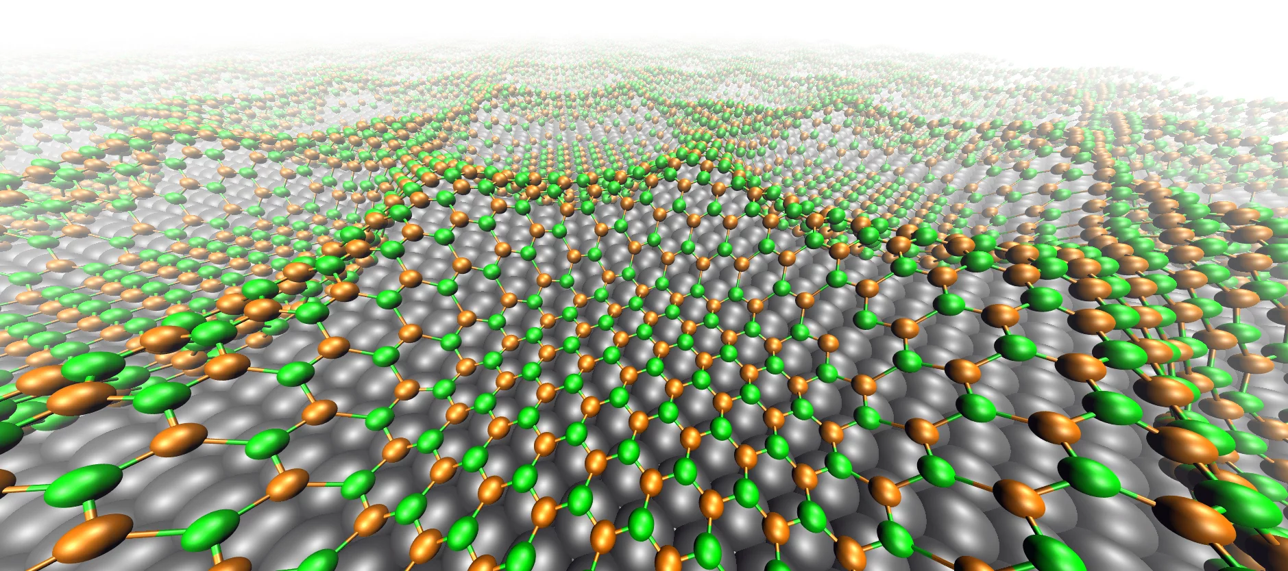 The boron nitride nanomesh superhoneycomb: nitrogen (green), boron (orange), rhodium (grey) shown here in its state without voltage applied