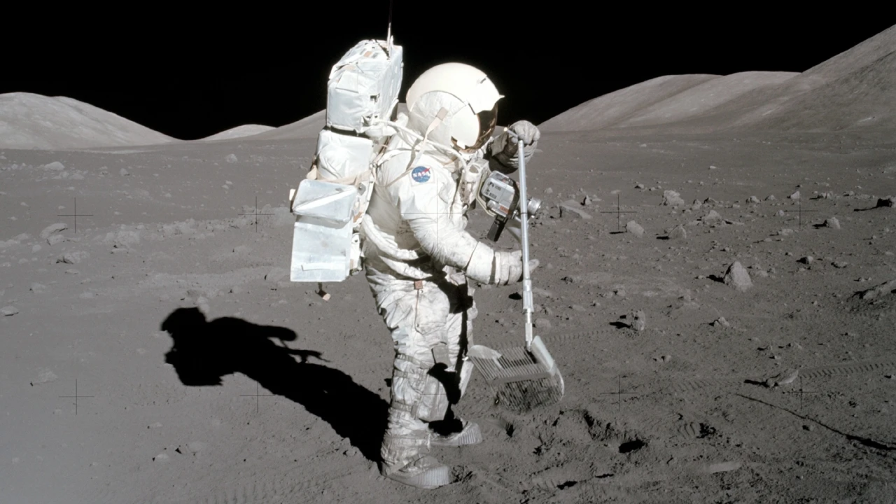 Astronaut Harrison Schmitt collects lunar samples during the Apollo 17 mission