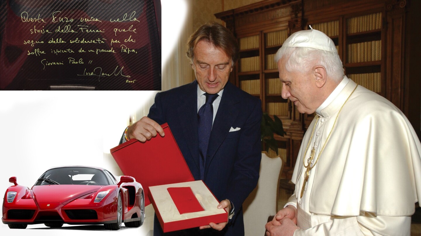 The 400th and final Enzo Ferrari was originally given to His Holiness Pope John Paul II by Ferrari. The Pope asked that it be sold and the proceeds donated to charity, which was done at Sotheby's single-marque Ferrari sale conducted at Maranello, Italy in June, 2005, fetching $1,282,987. The car subsequently became part of the famed Pinnacle Collection which sold at RM-Sotheby's Monterey Sale in August 2015. A decade after it first sold for $1.28 million, the final Enzo fetched $6,050,000.