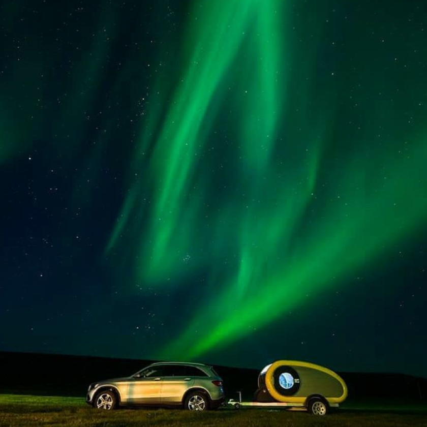 The northern lights are a quintessential part of a visit to Iceland, and the Mink trailer makes it easier to enjoy them with its built-in skylight