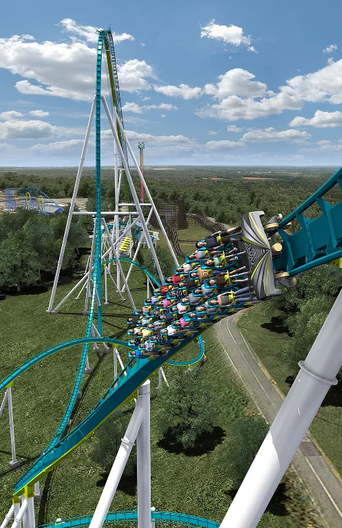 Amongst the ride's features are a 190-foot (58-m)-tall barrel turn, a high speed S-curve and a 91-degree overbanked horseshoe turn