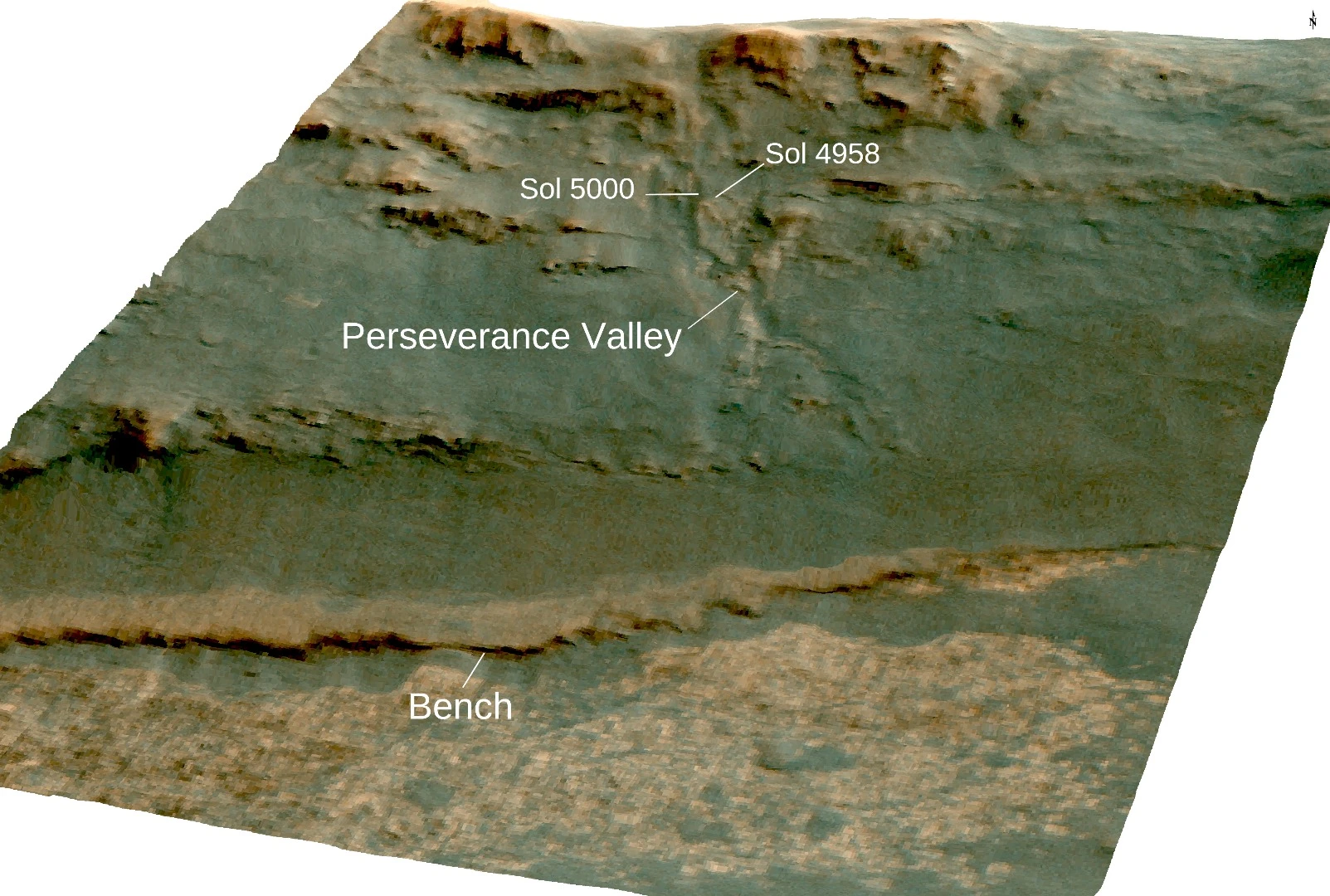 Perspective view of Perseverance Valley with annotations