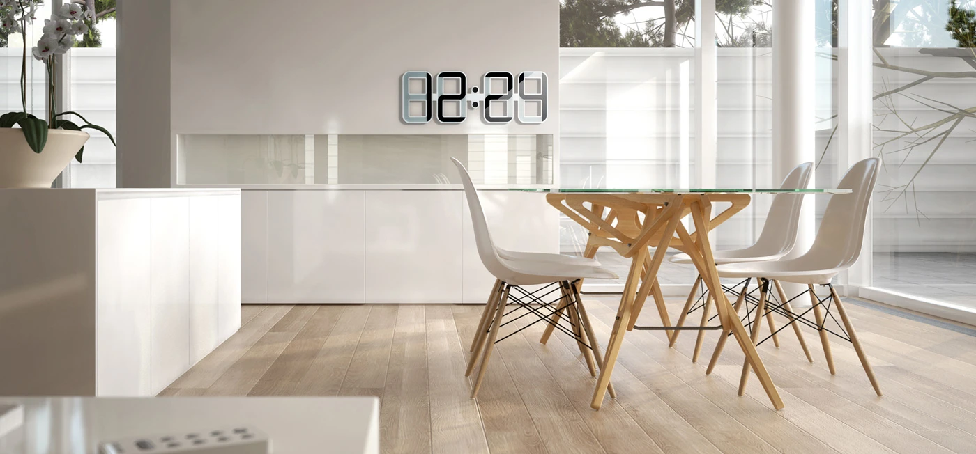 The ClockONE is large enough to be a centerpiece in any room, but runs on a single button battery for a whole year