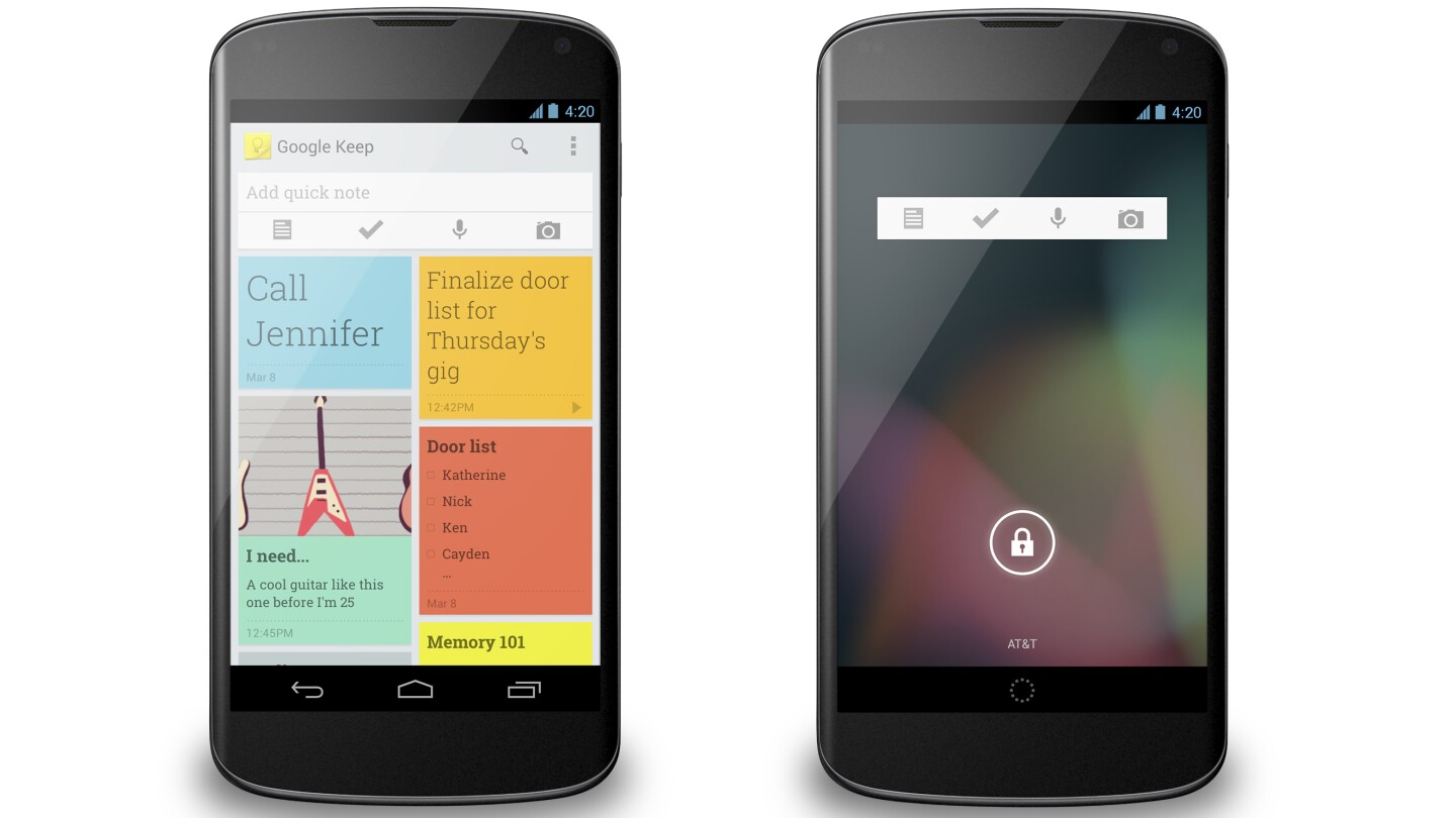 That's Keep's Android layout on the left, and the handy lock screen widget on the right
