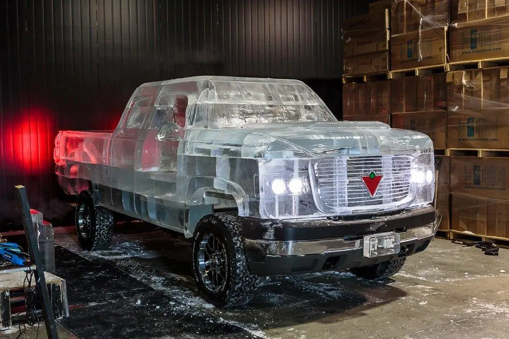 The finished ice truck weighs in at 15,000 lb (6803 kg), 11,000 lb of which is ice