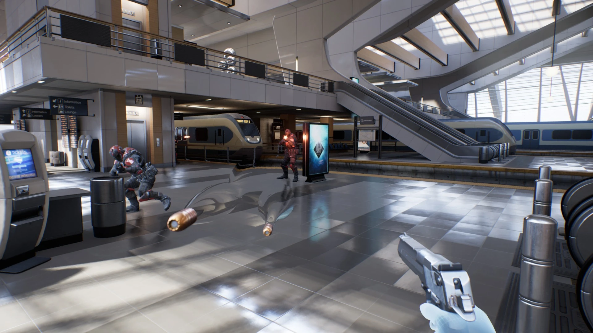 Slowing down time and teleporting around a train station in Epic's Bullet Train