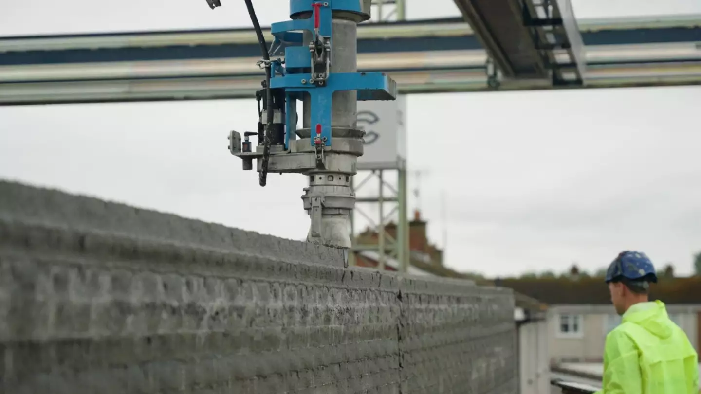 Grange Close's basic structure was printed using a COBOD BOD2 printer, then human builders were tasked with installing the roof, doors, windows, wiring, and anything else required