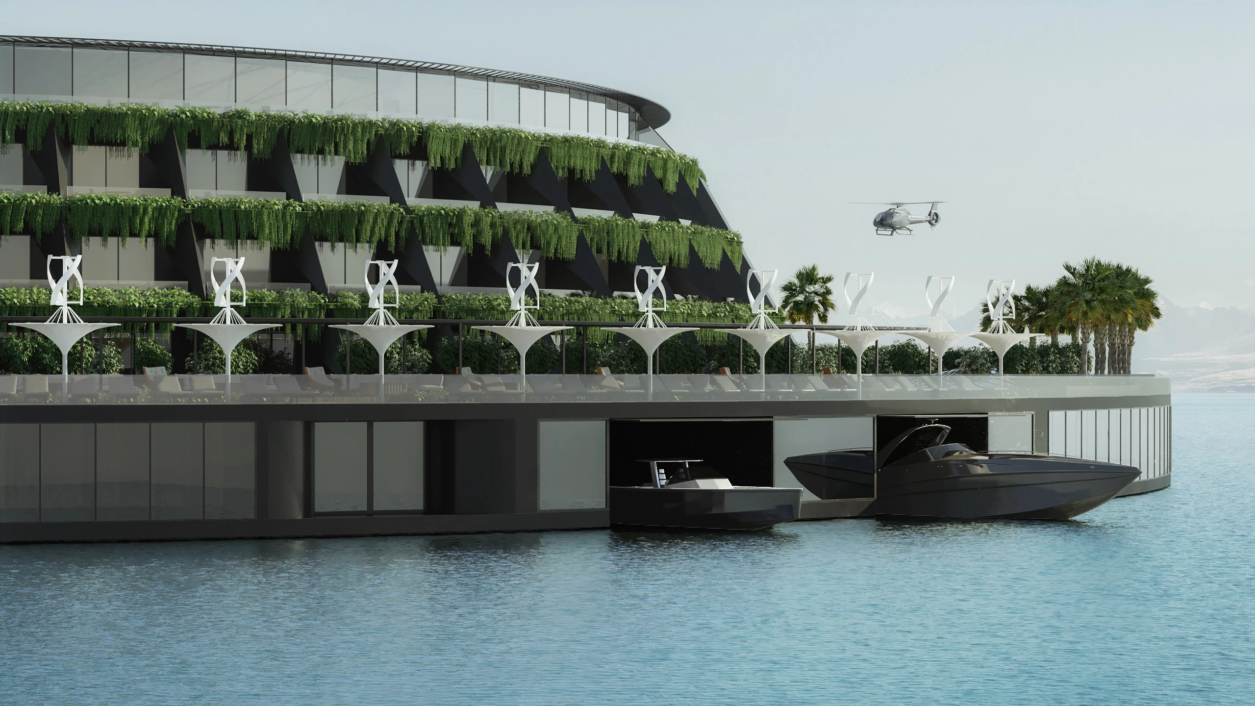 The Eco-Floating Hotel would get some of its power from wind turbines and solar panels