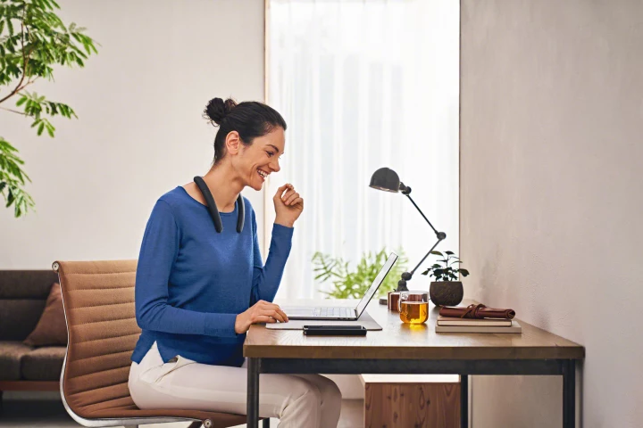 The adjustable neckband features two upfiring speakers for the promise of satisfying, open sound, and beamforming microphones that focus on a wearer's voice during calls