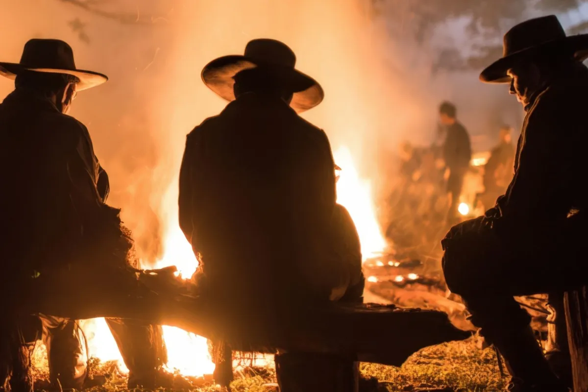 Silhouettes of cowboys near a campfire