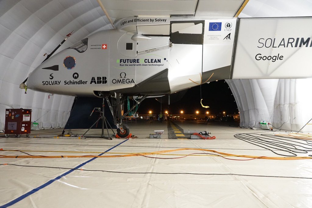 Solar Impulse 2 inside the mobile hangar