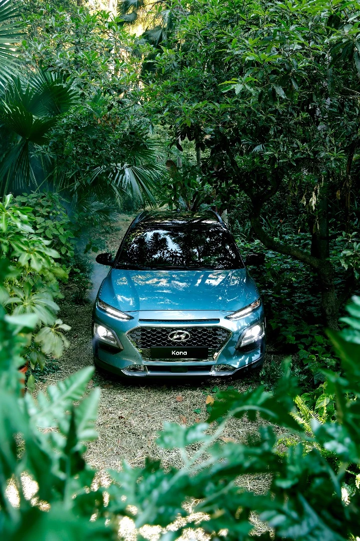 A wild Hyundai Kona pokes its nose through the jungle undergrowth
