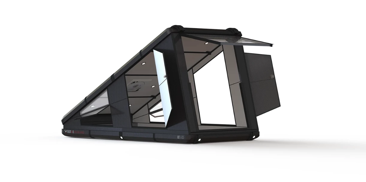 Rear hatch window flipped up, doors open and windows popped
