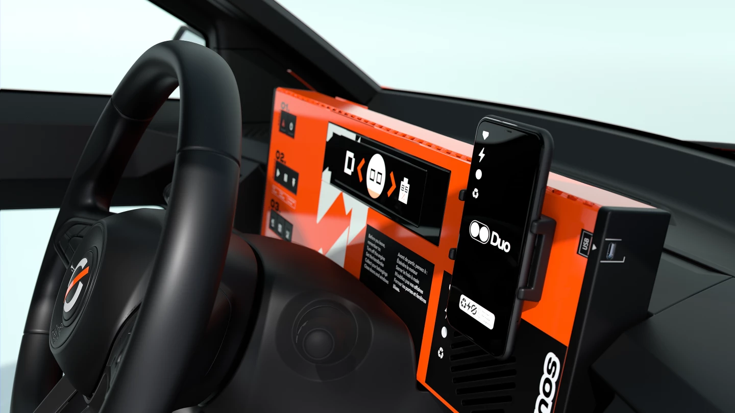 The colorful dash is home to a digital instrument cluster, vehicle controls, an integrated speaker and a smartphone mount with nearby USB-C charge point