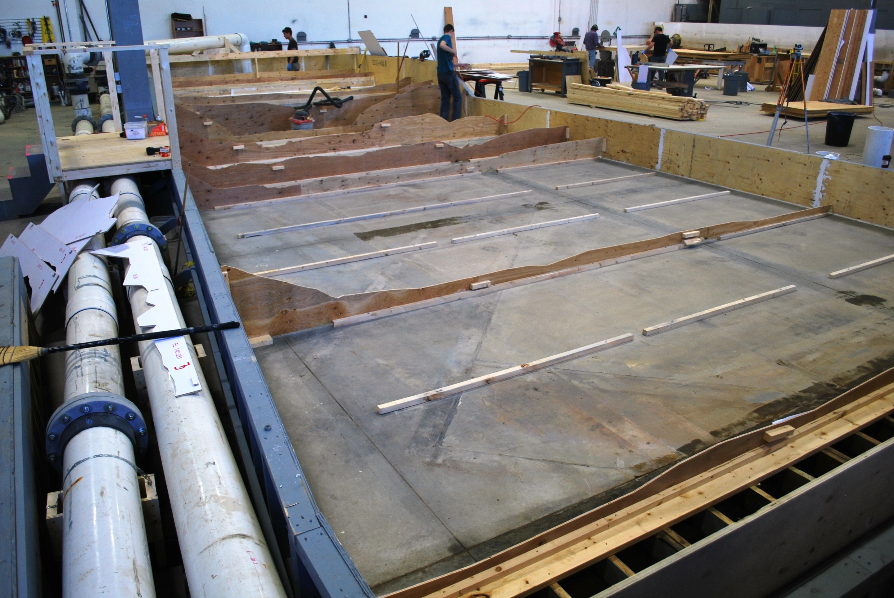 The foundation of the Nybrufossen Whitewater Park model – note the water return pipes at left (Photo: NHC)