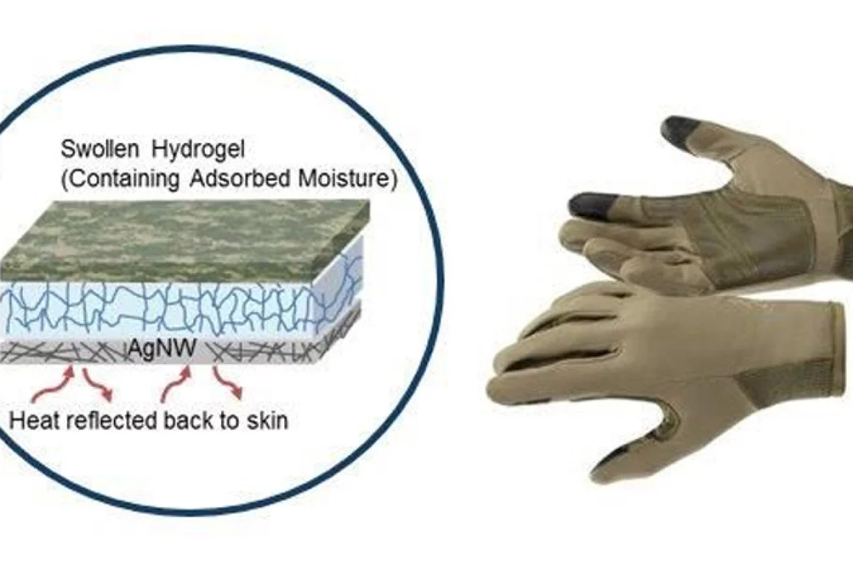 High-tech fabric intended for gloves and other military clothing contains silver nanowires that could be heated to keep soldiers warm, while a hydrogel layer would absorb sweat