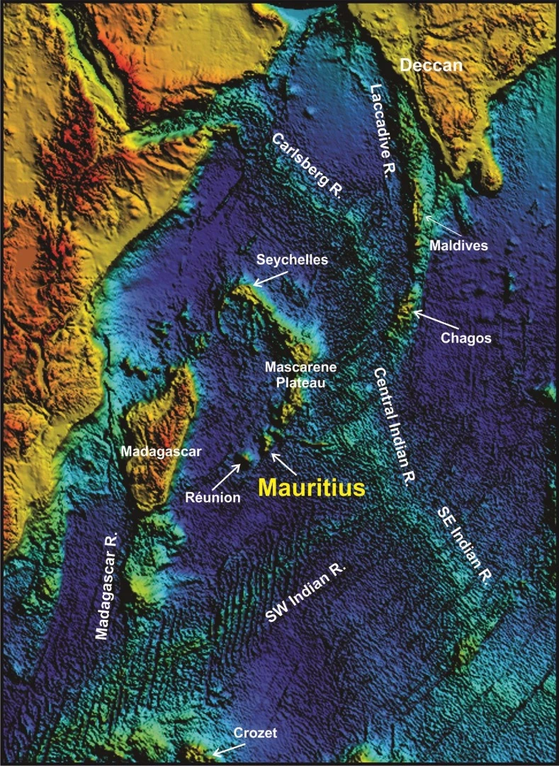 The Indian Ocean is home to a chain of volcanoes that include Mauritius; Réunion, site of one of the most active volcanoes in the world; and India's Deccan traps