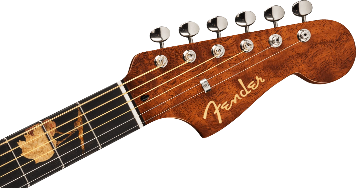 The Fender logo has been fashioned from spruce