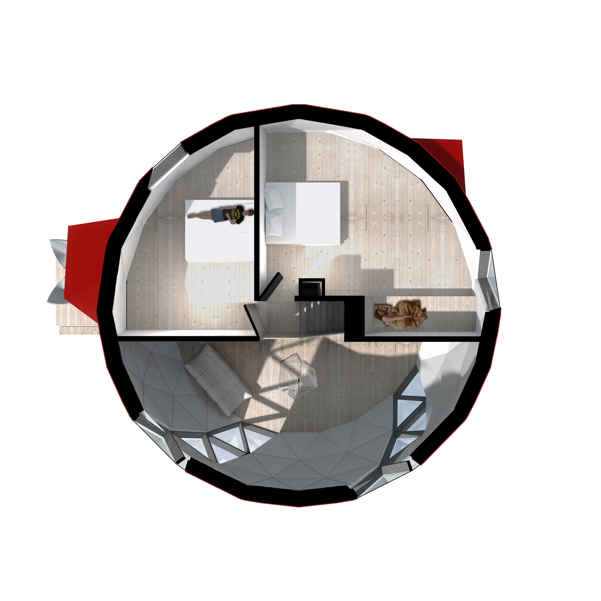 A wooden staircase leads to two elevated bedrooms