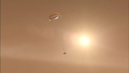 Artist conception of parachute deployment at about 1.7 times the speed of soundImage credit: NASA/JPL-Caltech/University of Arizona