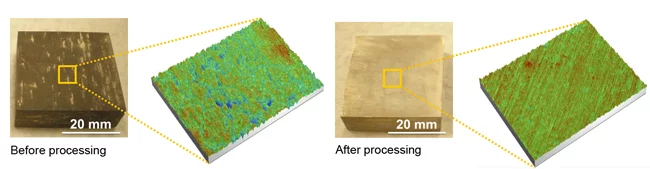 The surface condition of two samples of the magnesium-lithium alloy following immersion for 20 hours in salt water, one after being heat-treated and water quenched, and the other without processing. In previous magnesium-lithium alloys, irreversible corrosion would have set in after such time, but clearly visible in this optical profilometer image, the surface of the processed alloy remains in near pristine condition