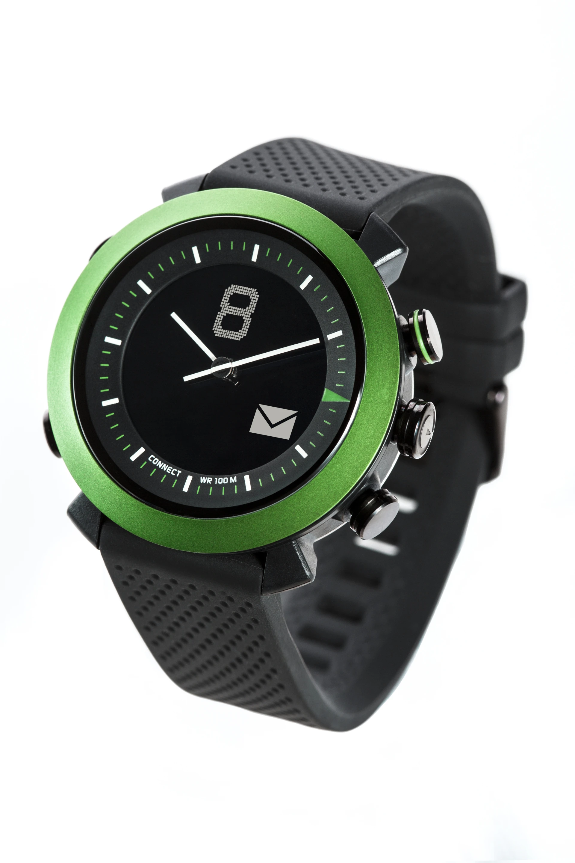 Icons on a digital display embedded in the watch face only become visible when a notification is received from a paired smartphone