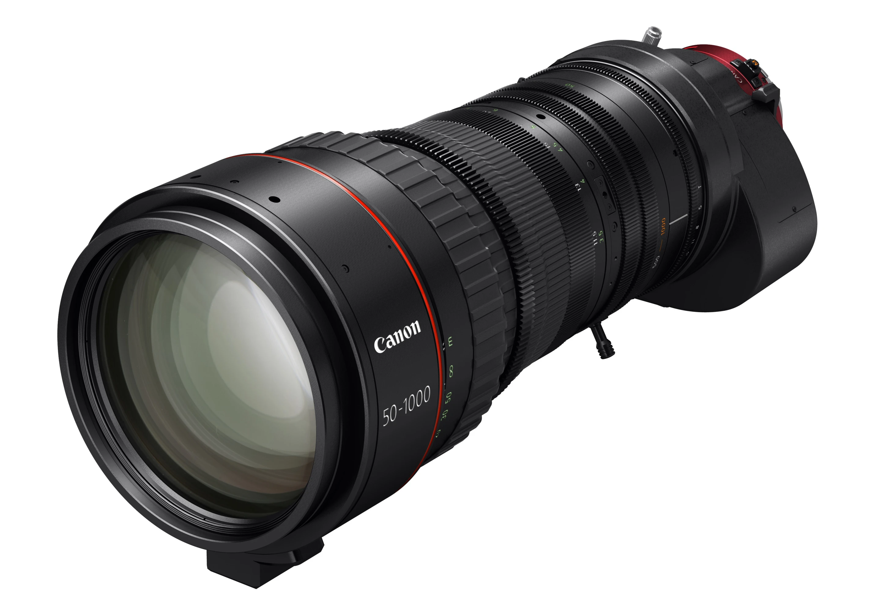 The Canon CN20x50 cine-servo lens offers a native 50-1000-mm focal range, which is extendable to 75-1500-mm with a built-in extender