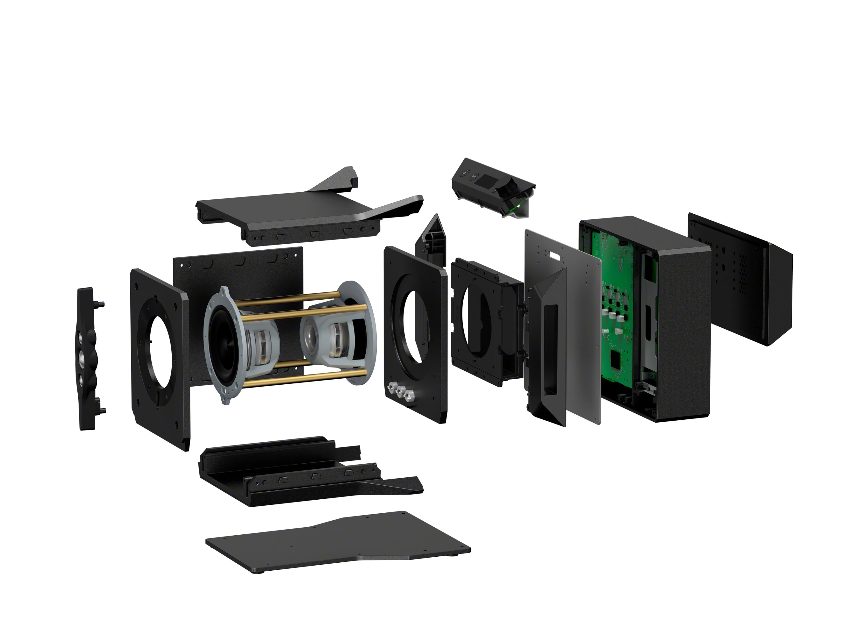 The drivers are arranged in a coaxial layout of woofers and tweeters for optimum timing alignment