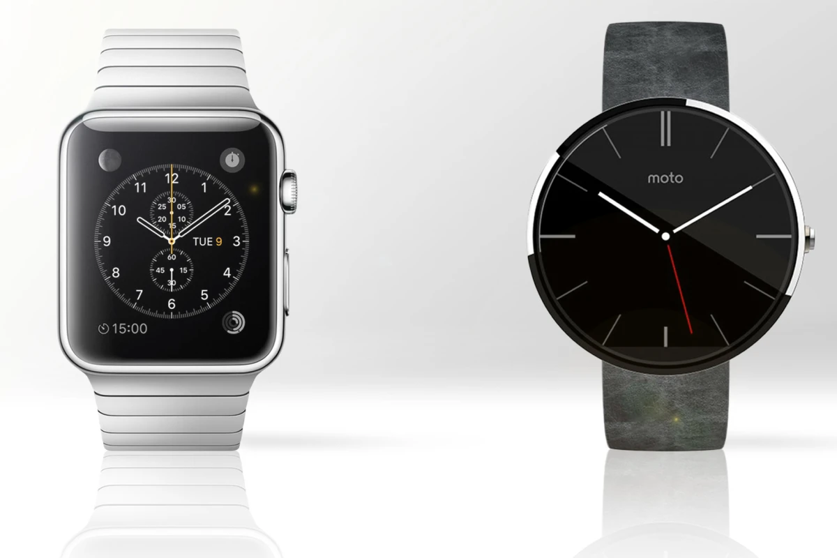 Gizmag compares the features and specs of the Apple Watch (left) and Moto 360 smartwatches