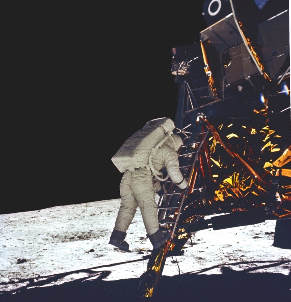 Buzz Aldrin descends the ladder on the LM