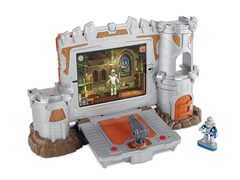 The Imaginext Apptivity Fortress iPad case interacts with a knight figure and cannon to let children use the iPad to play a series of fortress-based games