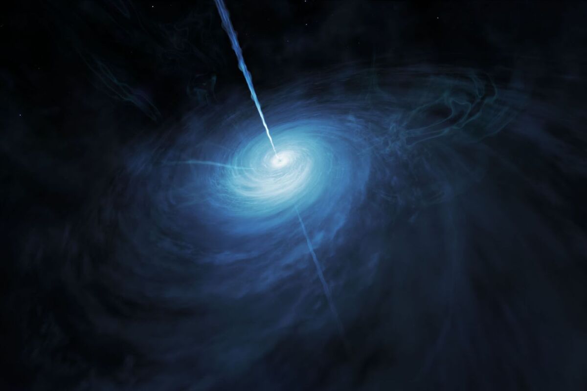 An artist's rendering of the quasar J043947.08+163415.7, the brightest known quasar with the luminosity of 600 trillion Suns