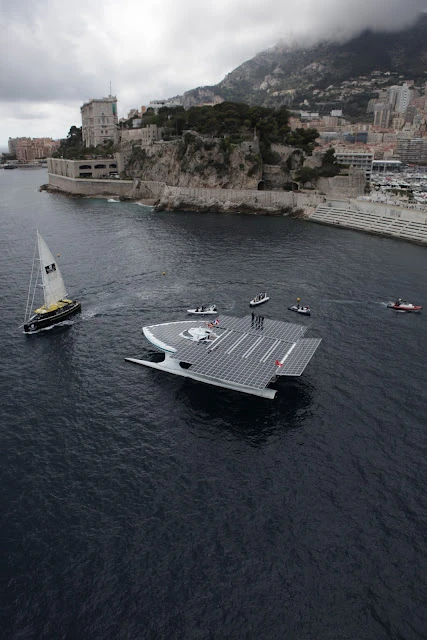 The TURANOR PlanetSolar, as it enters Monaco's Hercule Harbor