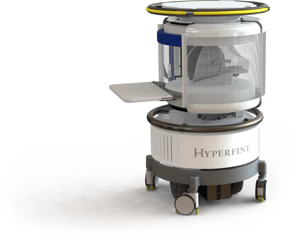 The MRI machine can be rolled up to a patient's bedside, and requires no extra safety equipment due to its low magnetic field