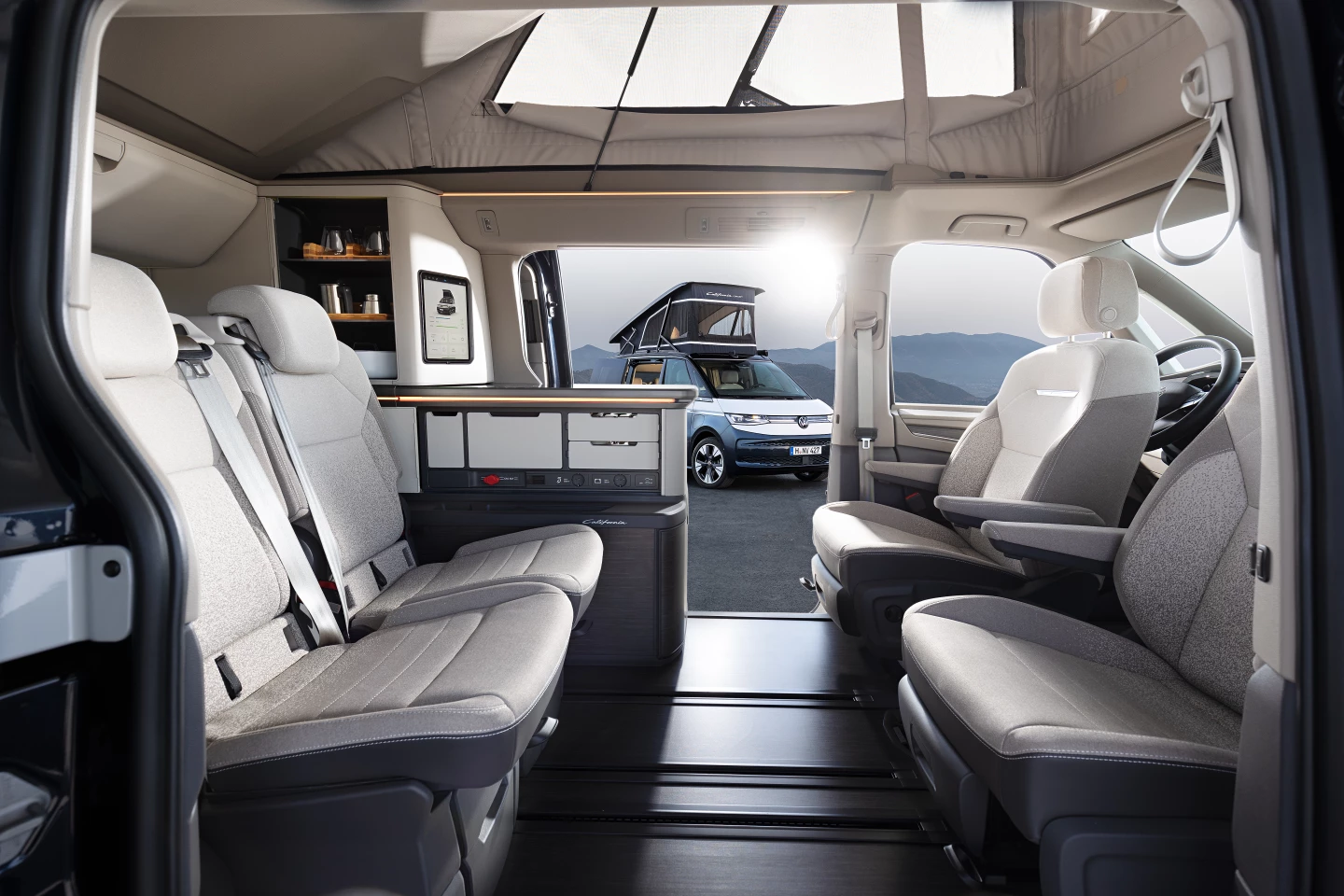 Volkswagen has moved the kitchen block rearward on the 2023 Volkswagen Multivan California Concept to make room for entry and exit through the sliding door