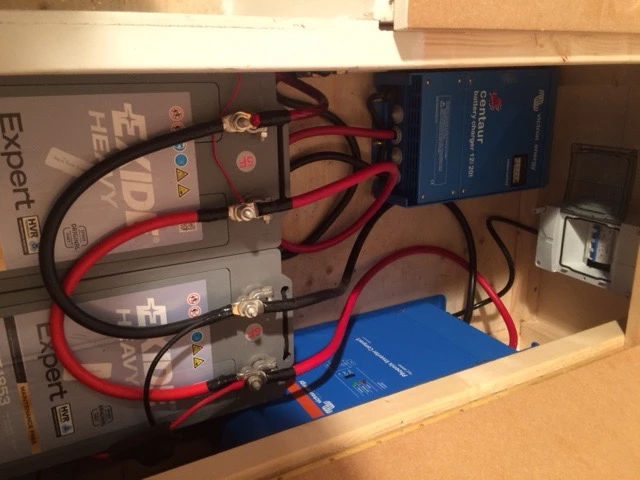 The solar panel array is connected to batteries