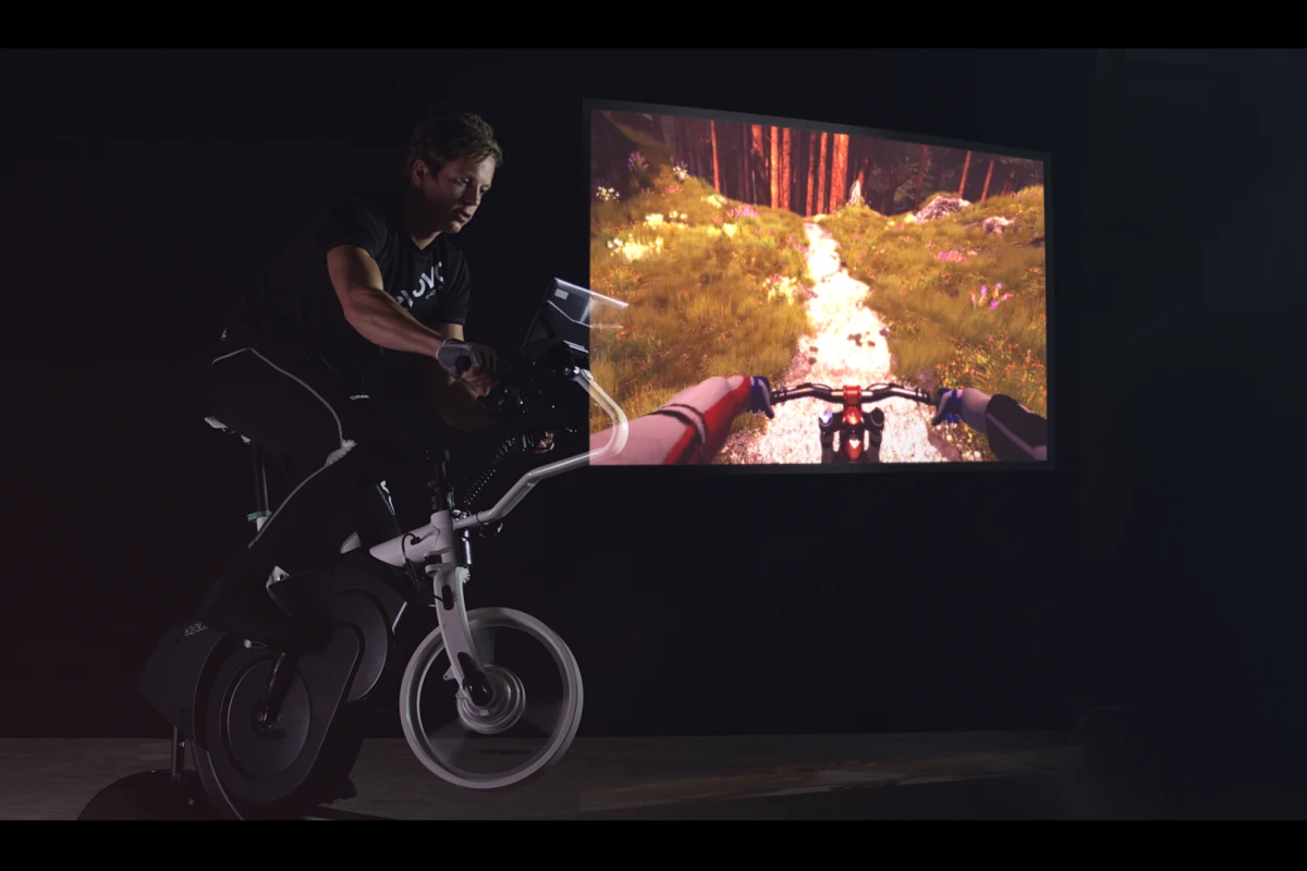 The ebove trainer both affects and reacts to an animated trail display, which the user views on an attached tablet or even a VR headset